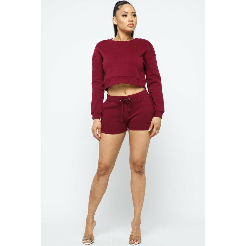 “Get Shorty” Solid Long Sleeve Crop Top and Short Set