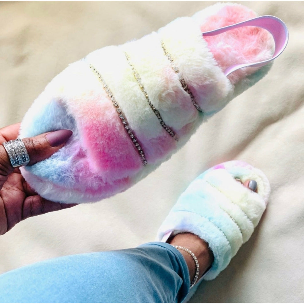 “Fur & Rainbows” Tie Dye Faux Fur Slides