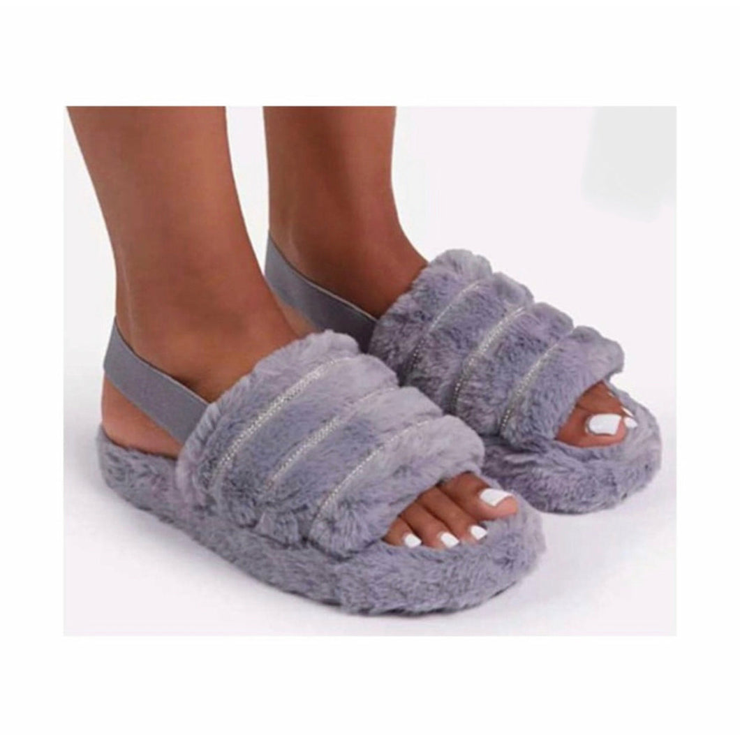 “Into the Grey” Blinged Out Fur Slippers