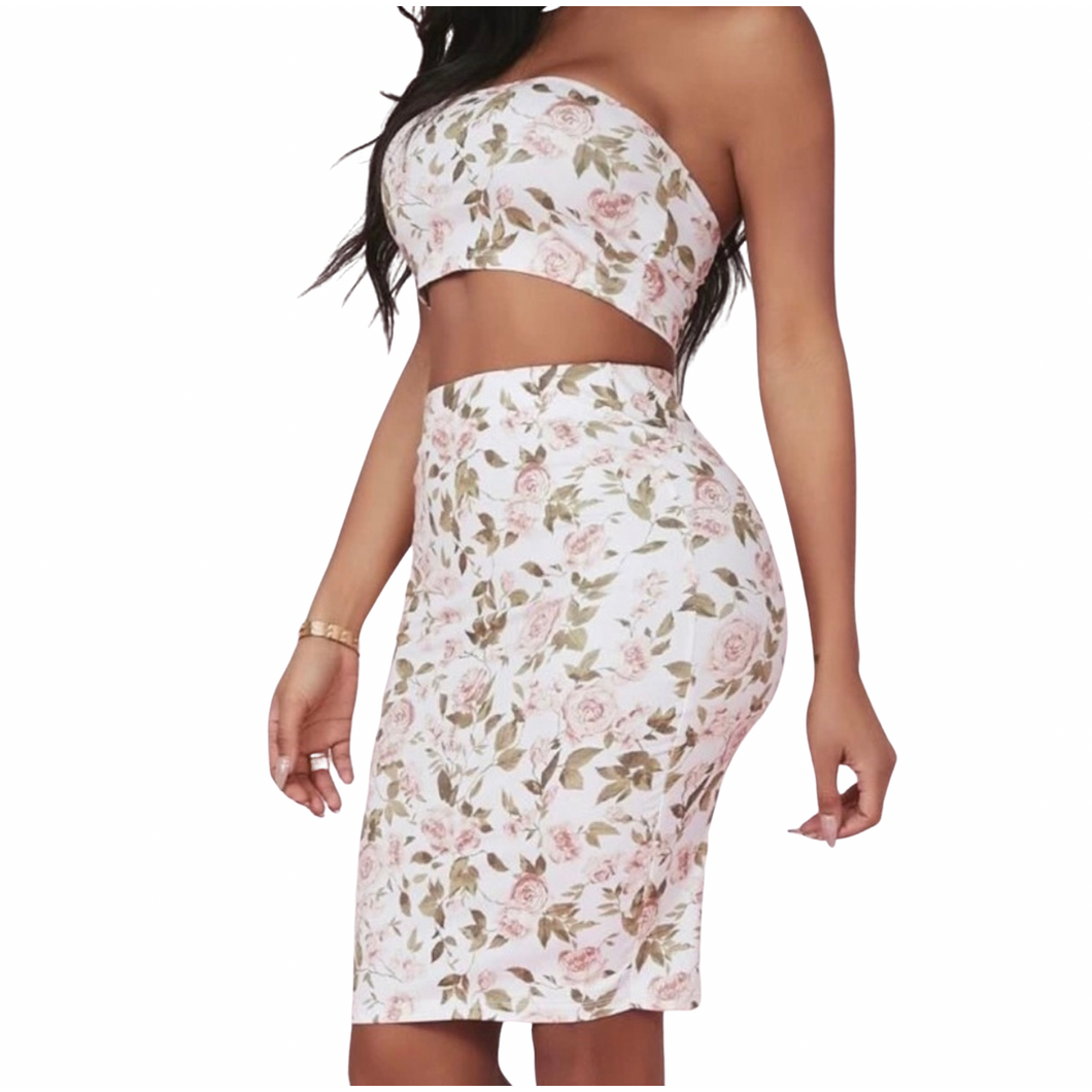 “You Flatter Me” Two Piece Floral Print Crop Top Skirt Set