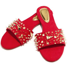 Load image into Gallery viewer, &quot;Carnival&quot; Spiked Gold Accent Slide Sandals
